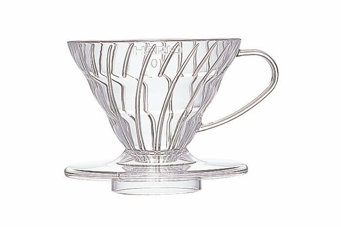 Hario V60 clear plastic coffee dripper – cone-shaped pour-over brewer with spiral ridges for optimal coffee extraction