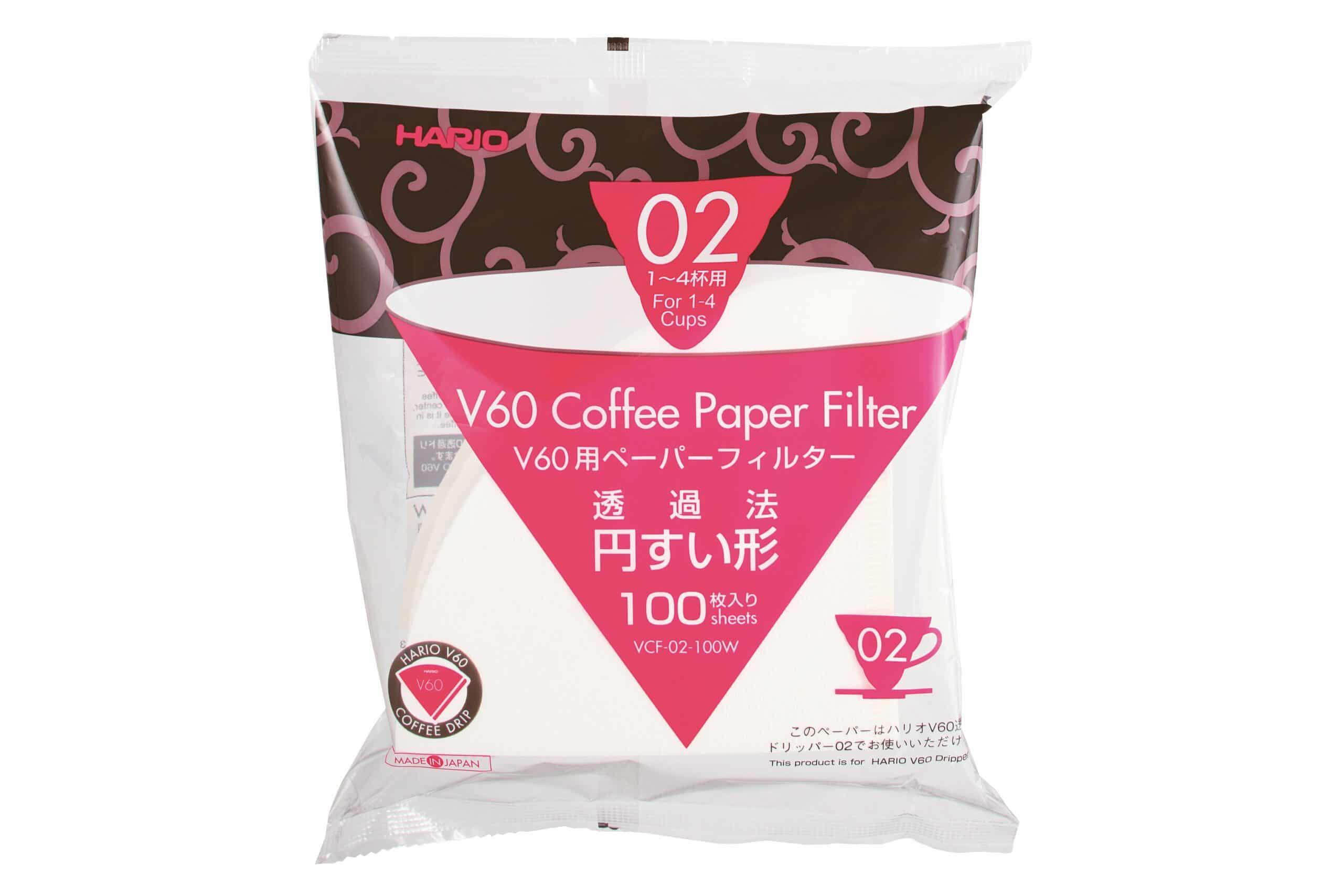 Hario V60 Coffee Paper Filters size 02 – pack of 100 cone-shaped filters for 1–4 cups, ideal for pour-over brewing.