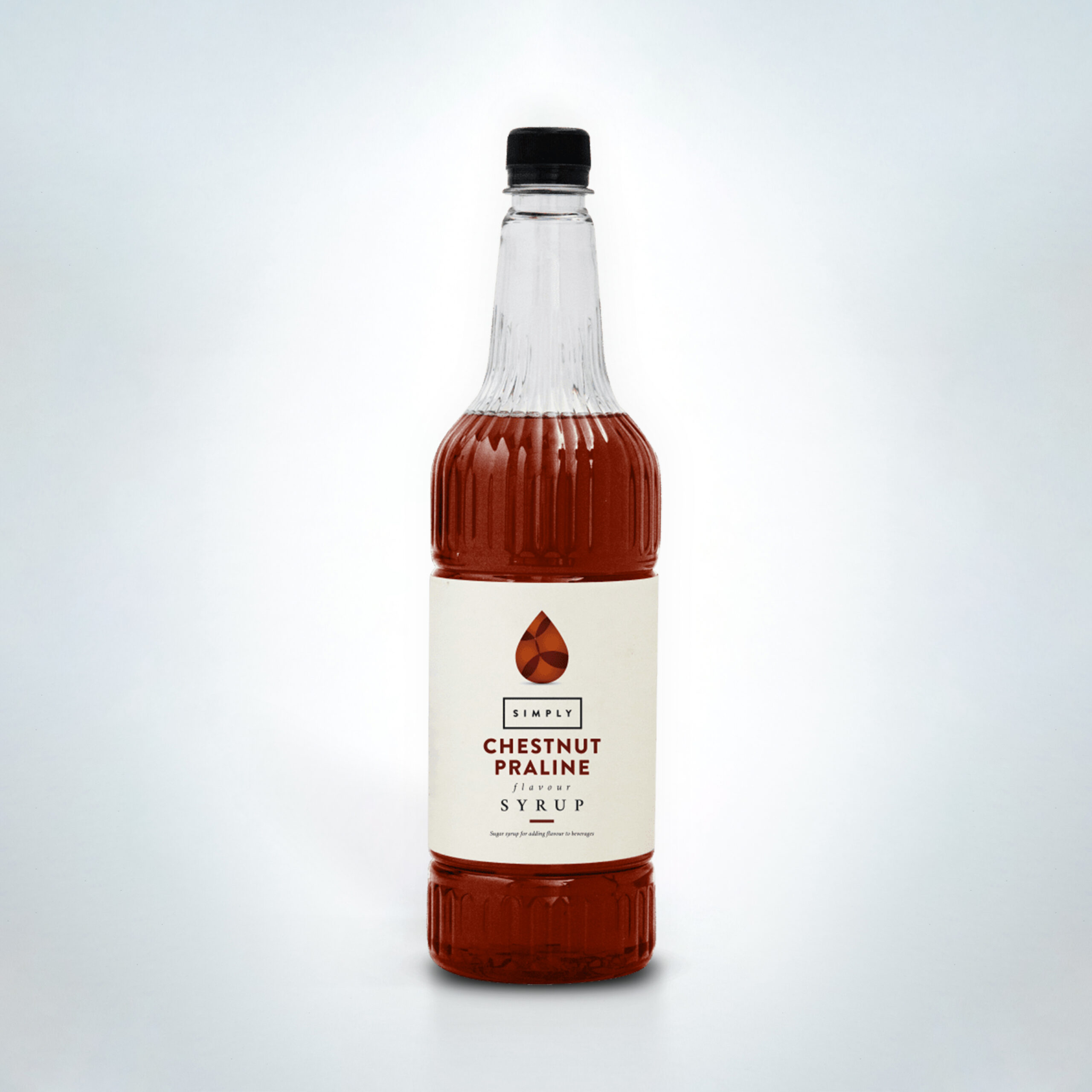 Simply Chestnut Praline Syrup 1 Litre bottle. A rich and festive syrup featuring roasted chestnut and sweet praline flavours—perfect for holiday lattes, mochas, and seasonal drinks in cafés, coffee shops, and hospitality venues