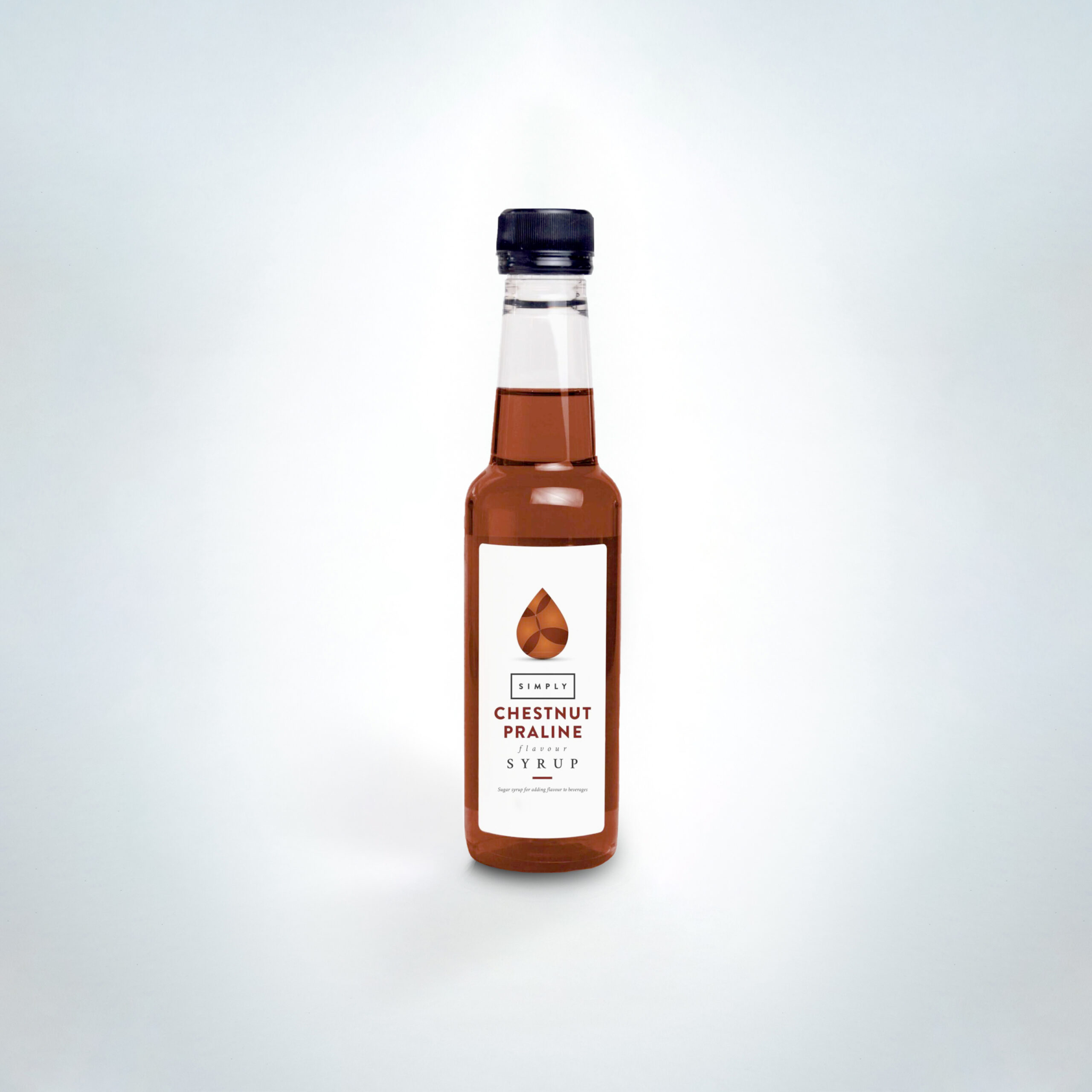 Simply Chestnut Praline Syrup 250ml bottle. A festive syrup with rich roasted chestnut and sweet praline flavours—ideal for holiday lattes, mochas, and seasonal drinks in cafés, coffee shops, and hospitality venues