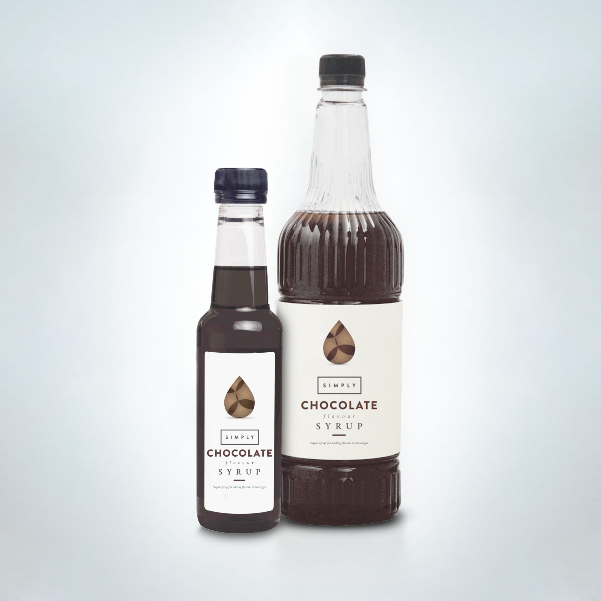 Simply Chocolate Syrup duo in stylish bottles. A rich and smooth chocolate flavouring perfect for mochas, hot chocolates, and dessert drinks in cafés, coffee shops, and hospitality venues