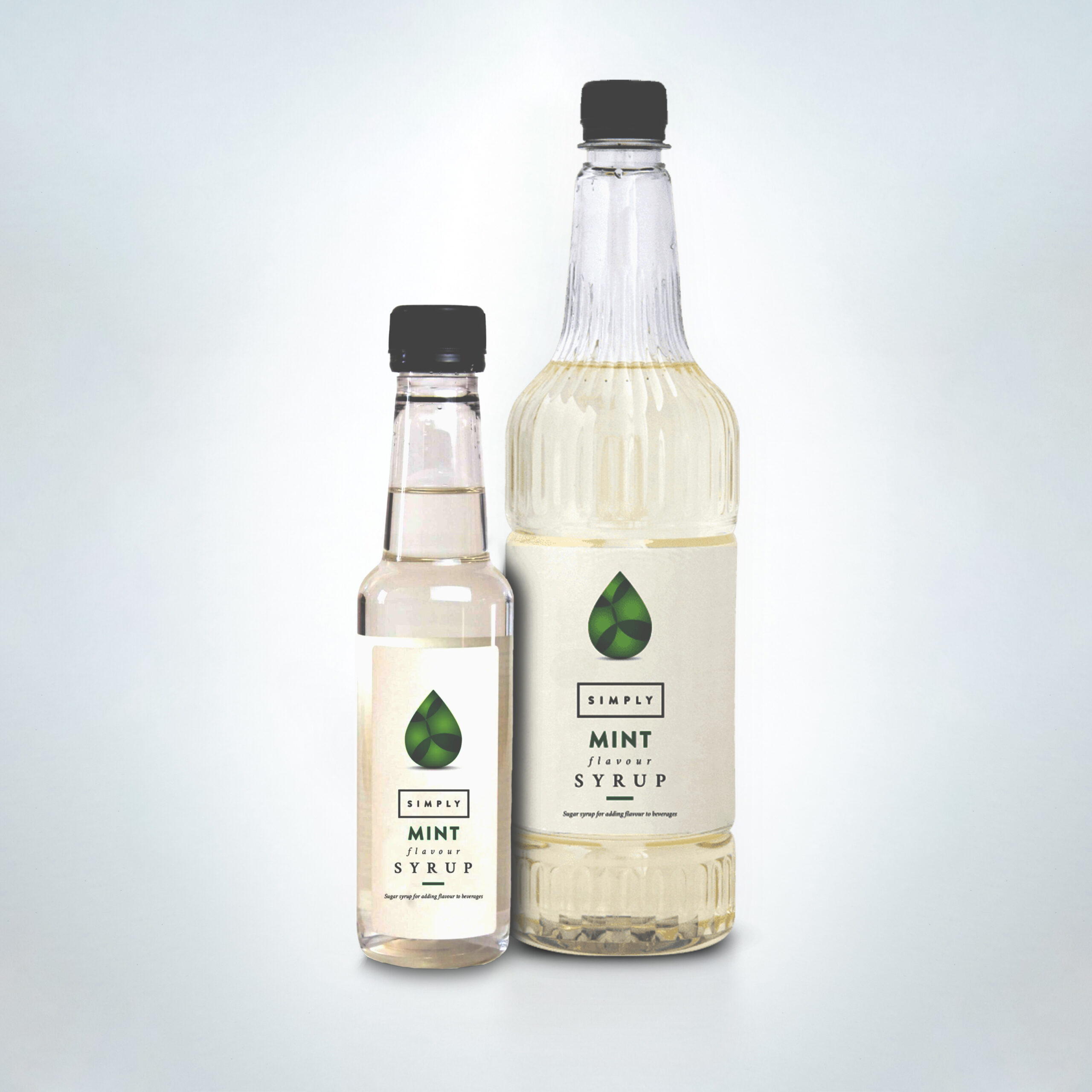 Simply Mint Syrup duo in clear bottles. A cool and refreshing syrup ideal for mochas, hot chocolates, iced drinks, and cocktails in cafés, coffee shops, and hospitality venues