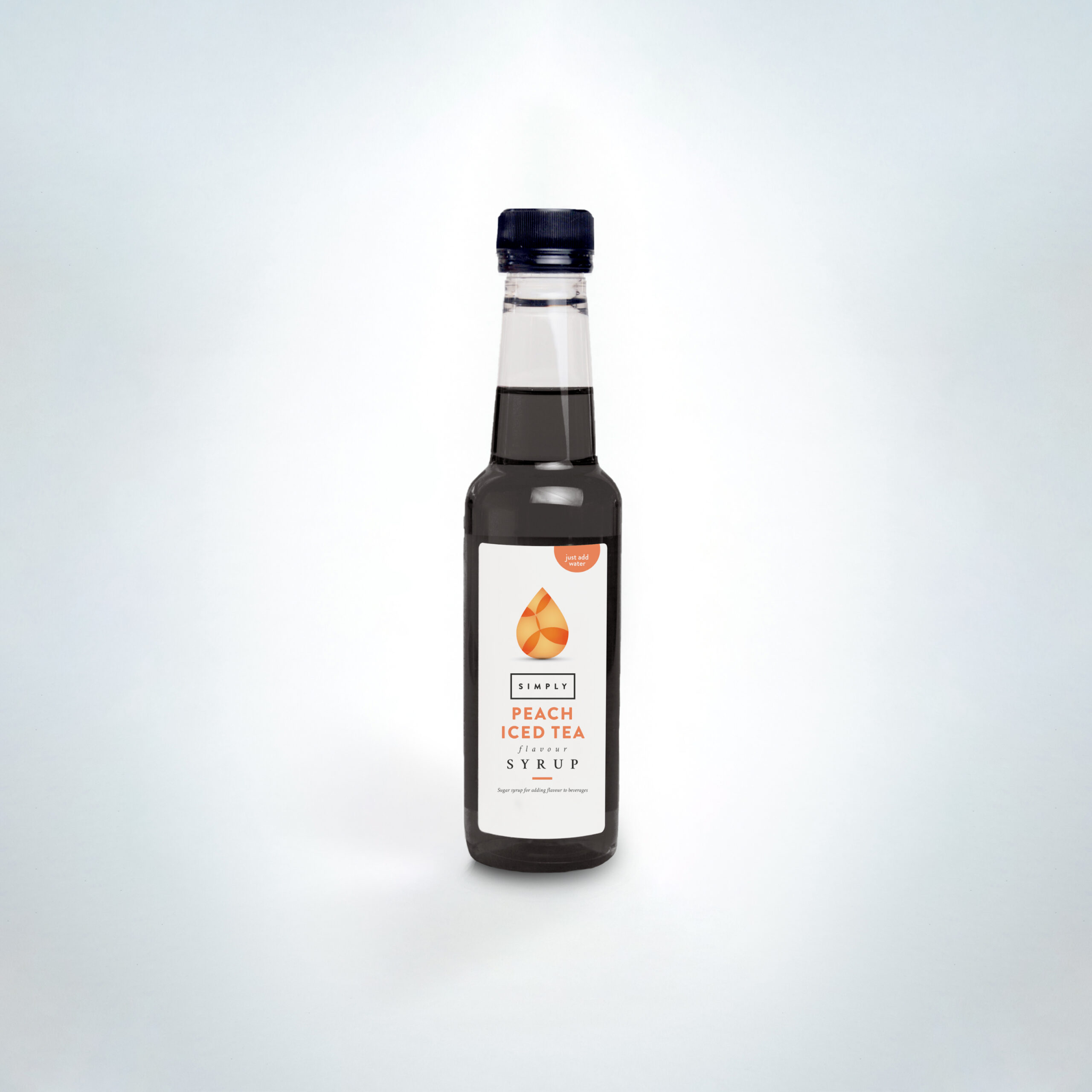 Simply Peach Iced Tea Syrup 250ml bottle. A sweet and fruity syrup for making refreshing peach iced tea—perfect for cafés, restaurants, and summer drink menus