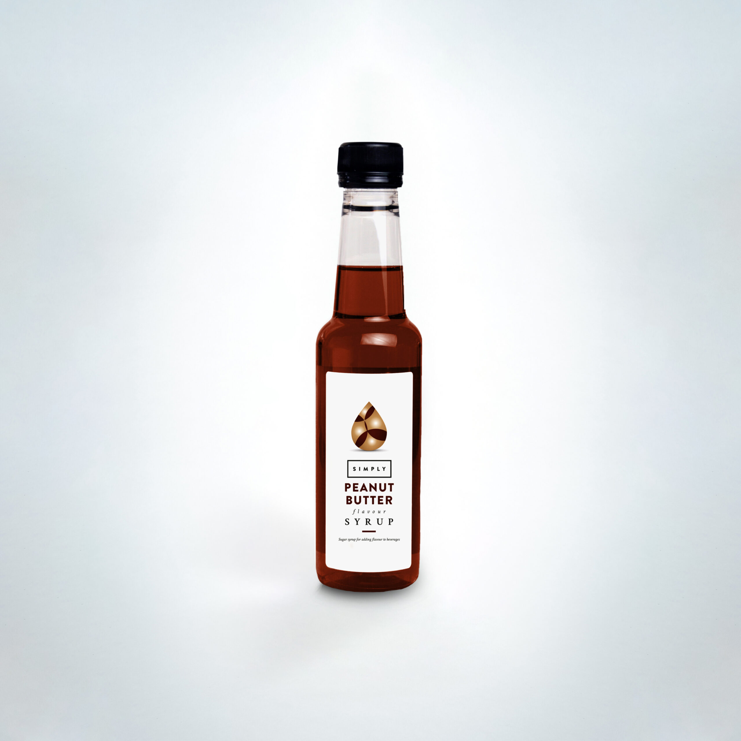 Simply Peanut Butter Syrup 250ml bottle. A rich and creamy syrup with classic peanut butter flavour—ideal for lattes, mochas, milkshakes, and dessert drinks in cafés and hospitality venues