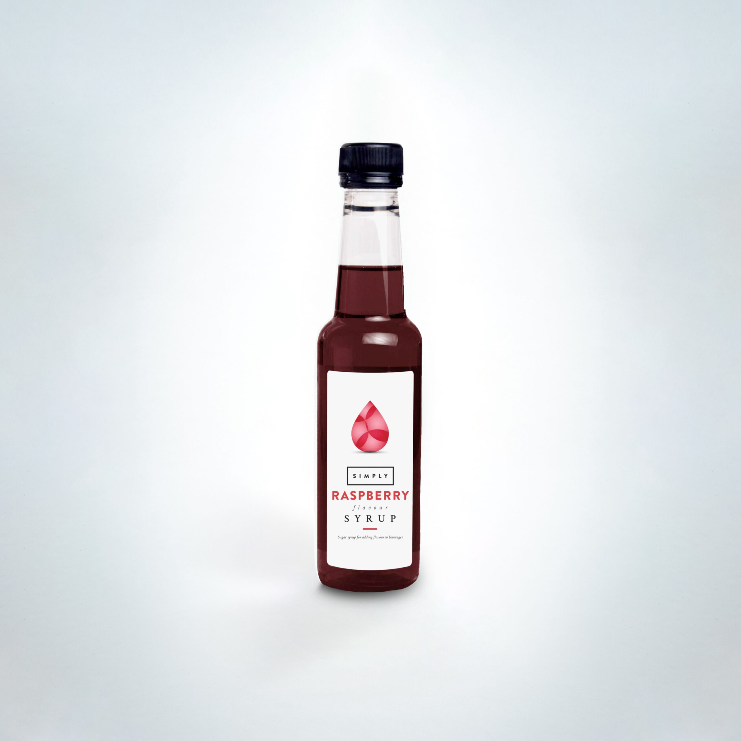 Simply Raspberry Syrup 250ml bottle. A fruity and vibrant syrup with sweet raspberry flavour—perfect for lemonades, iced teas, cocktails, and dessert drinks in cafés, bars, and hospitality venues