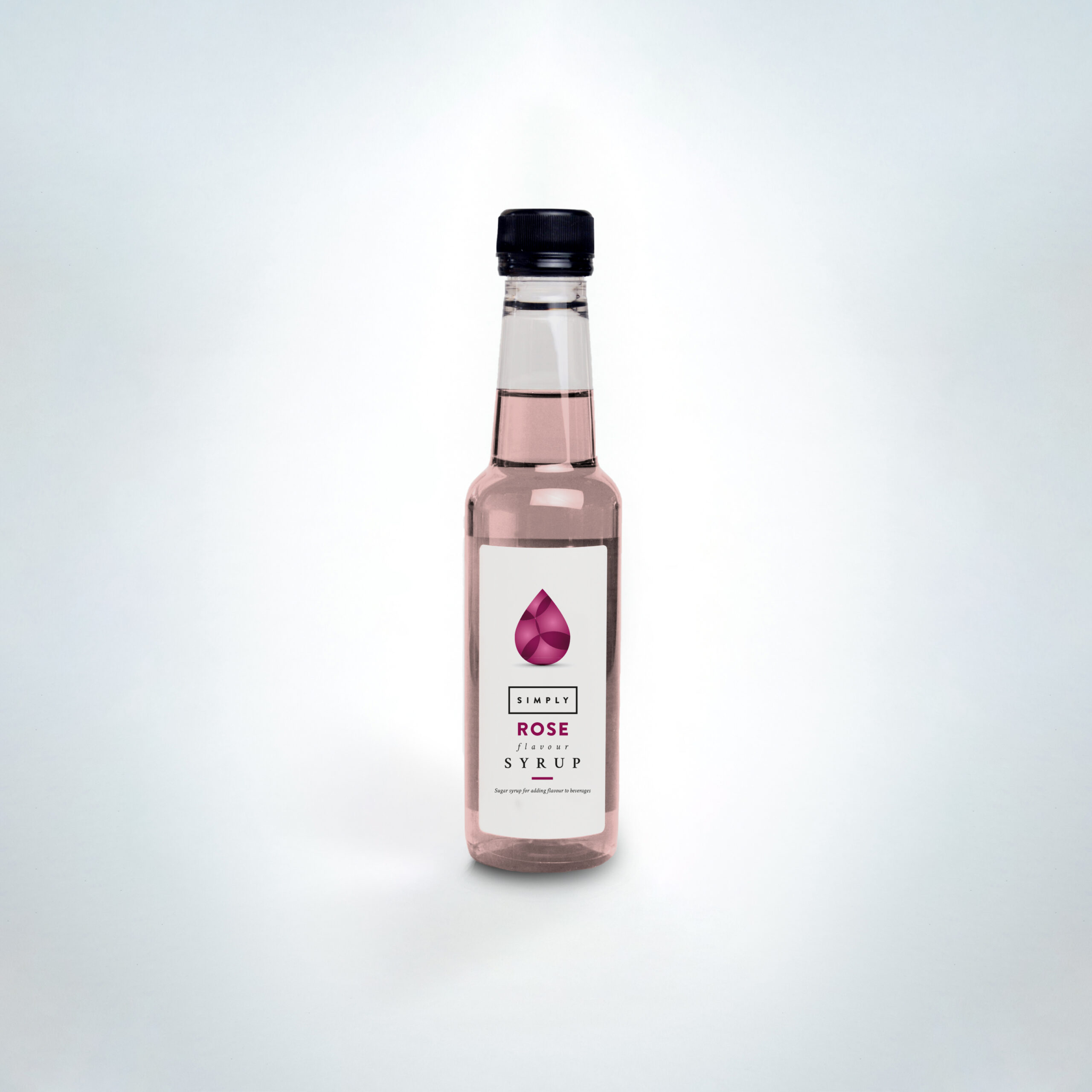 Simply Rose Syrup 250ml bottle. A fragrant and floral syrup with delicate rose flavour—perfect for lattes, lemonades, cocktails, and artisan drinks in cafés, restaurants, and boutique hospitality venues