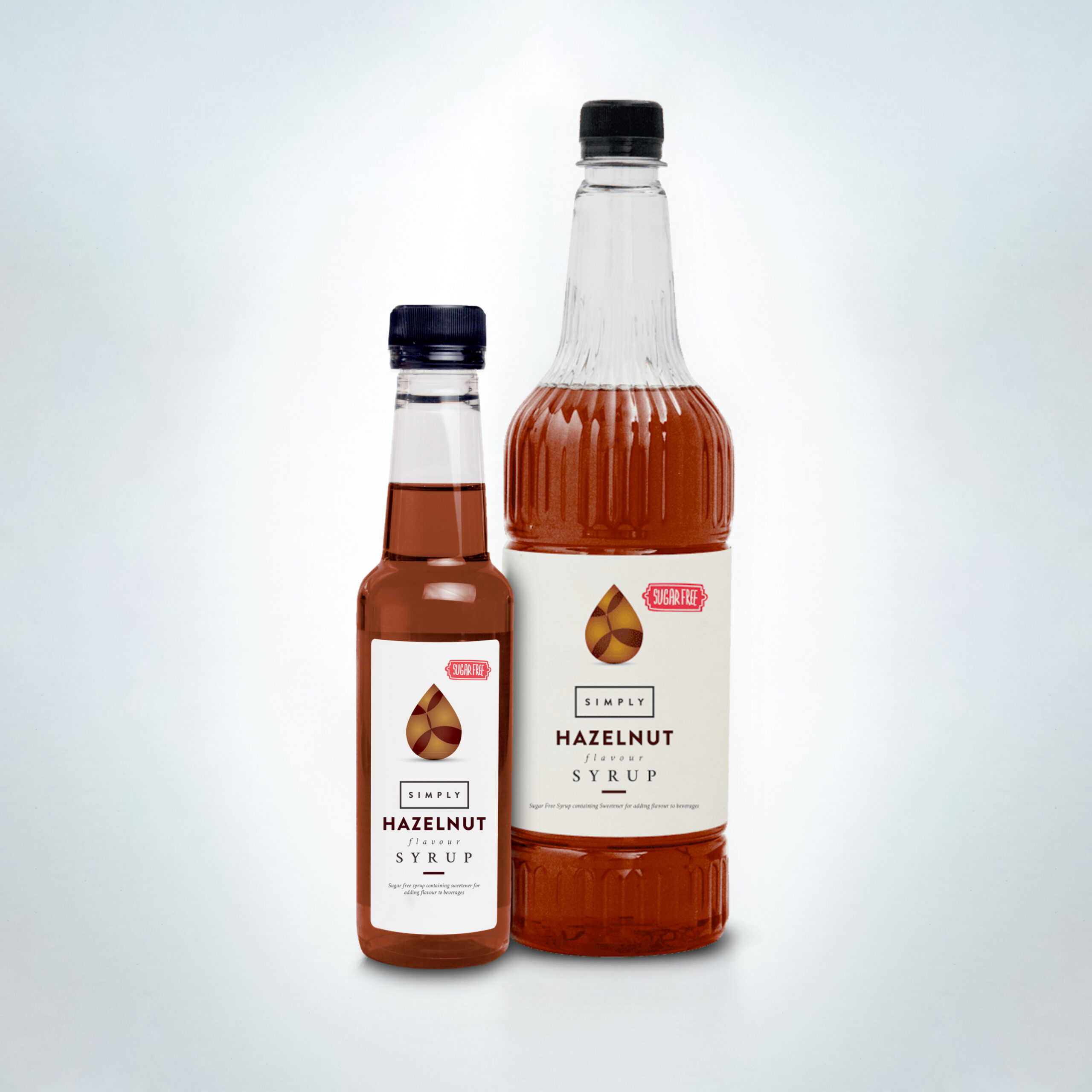 Simply Sugar-Free Hazelnut Syrup duo in elegant bottles. A premium, zero-calorie hazelnut flavouring perfect for coffee, hot chocolate, and specialty drinks in cafés, hotels, and coffee shops