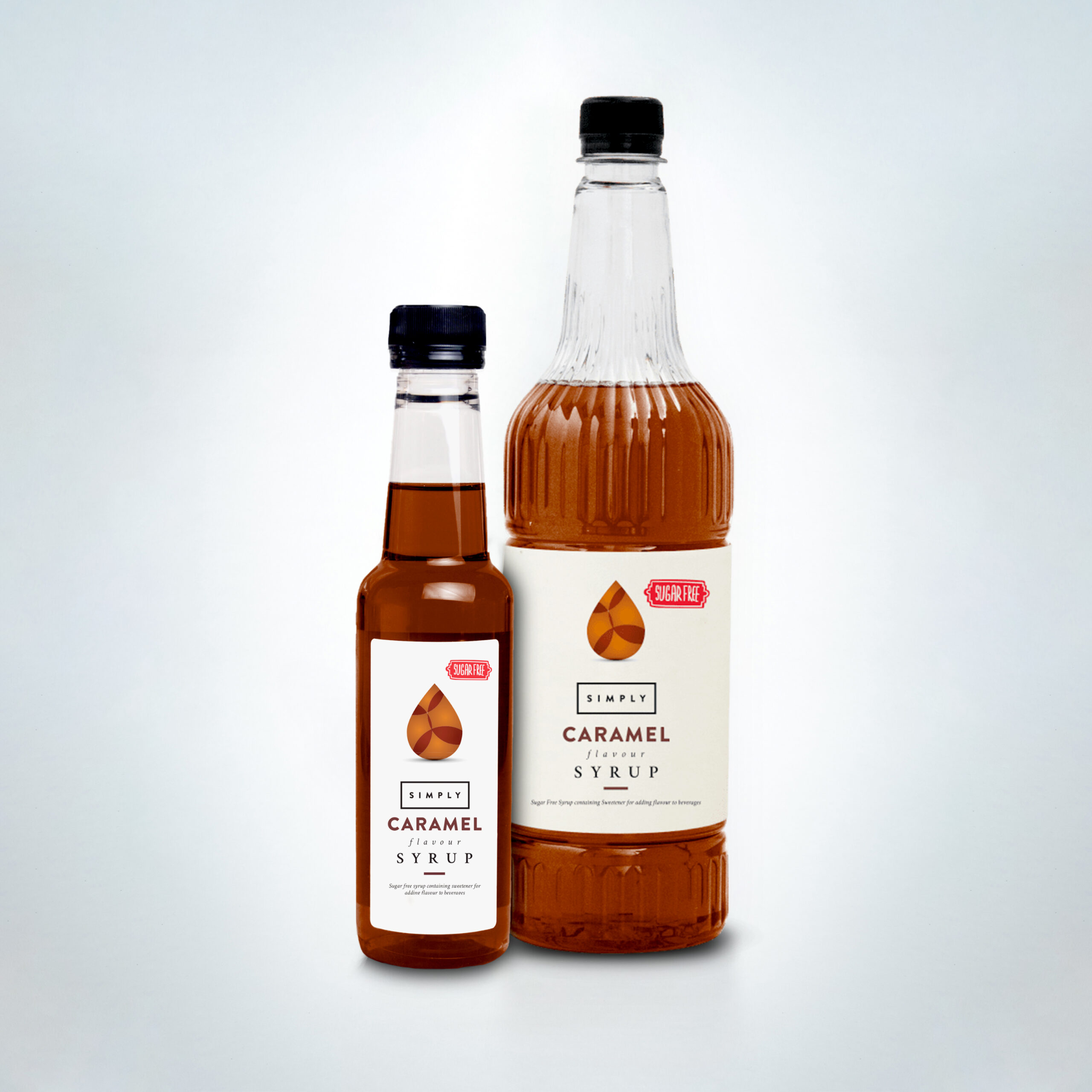 Simply Sugar-Free Salted Caramel Syrup duo in stylish bottles. A rich, sweet, and calorie-free flavouring ideal for coffees, lattes, and dessert drinks in cafés, coffee shops, and hospitality venues