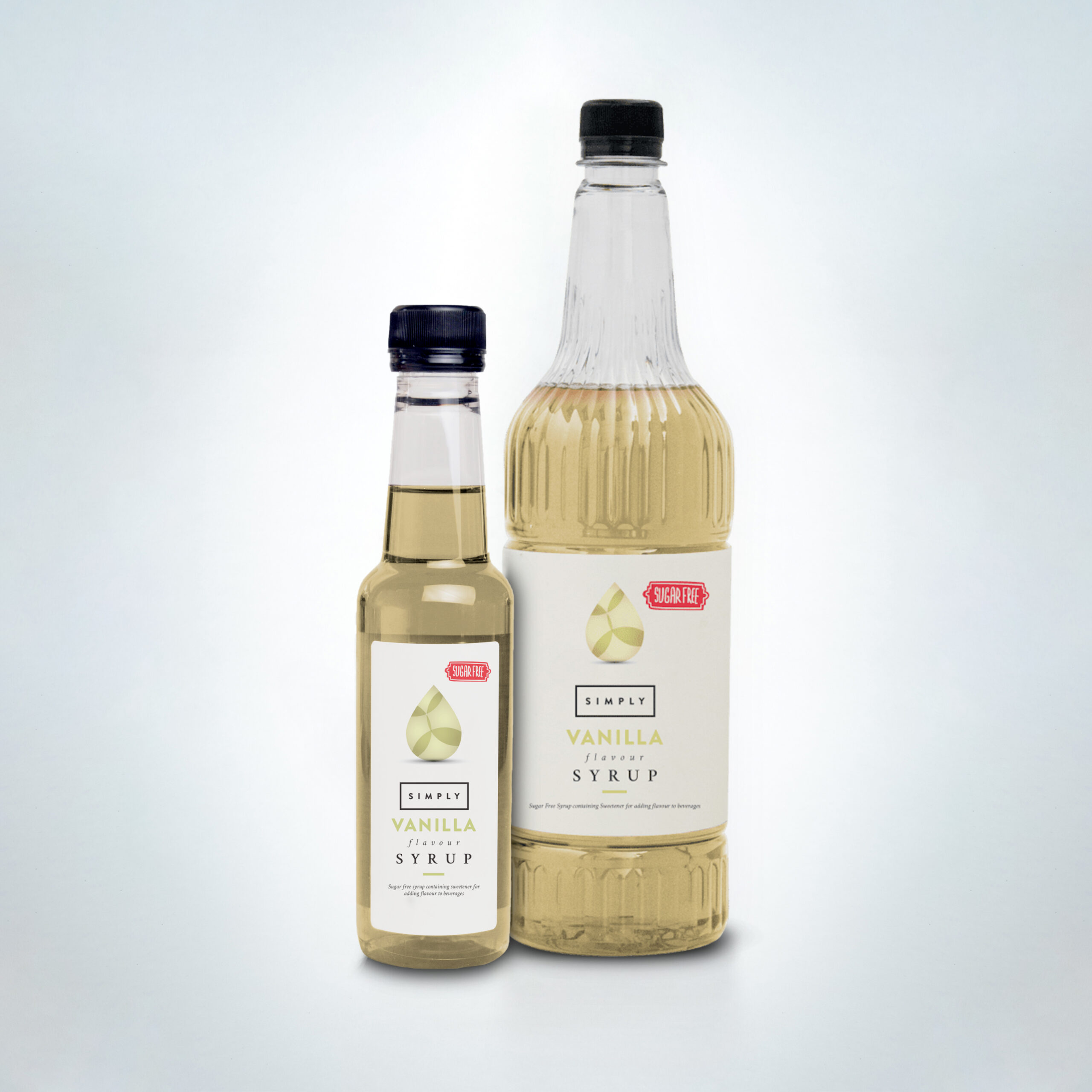 Simply Sugar-Free Vanilla Syrup duo in sleek bottles. A premium, calorie-free syrup ideal for flavouring coffee, lattes, and hot drinks in cafés, restaurants, and hospitality venues