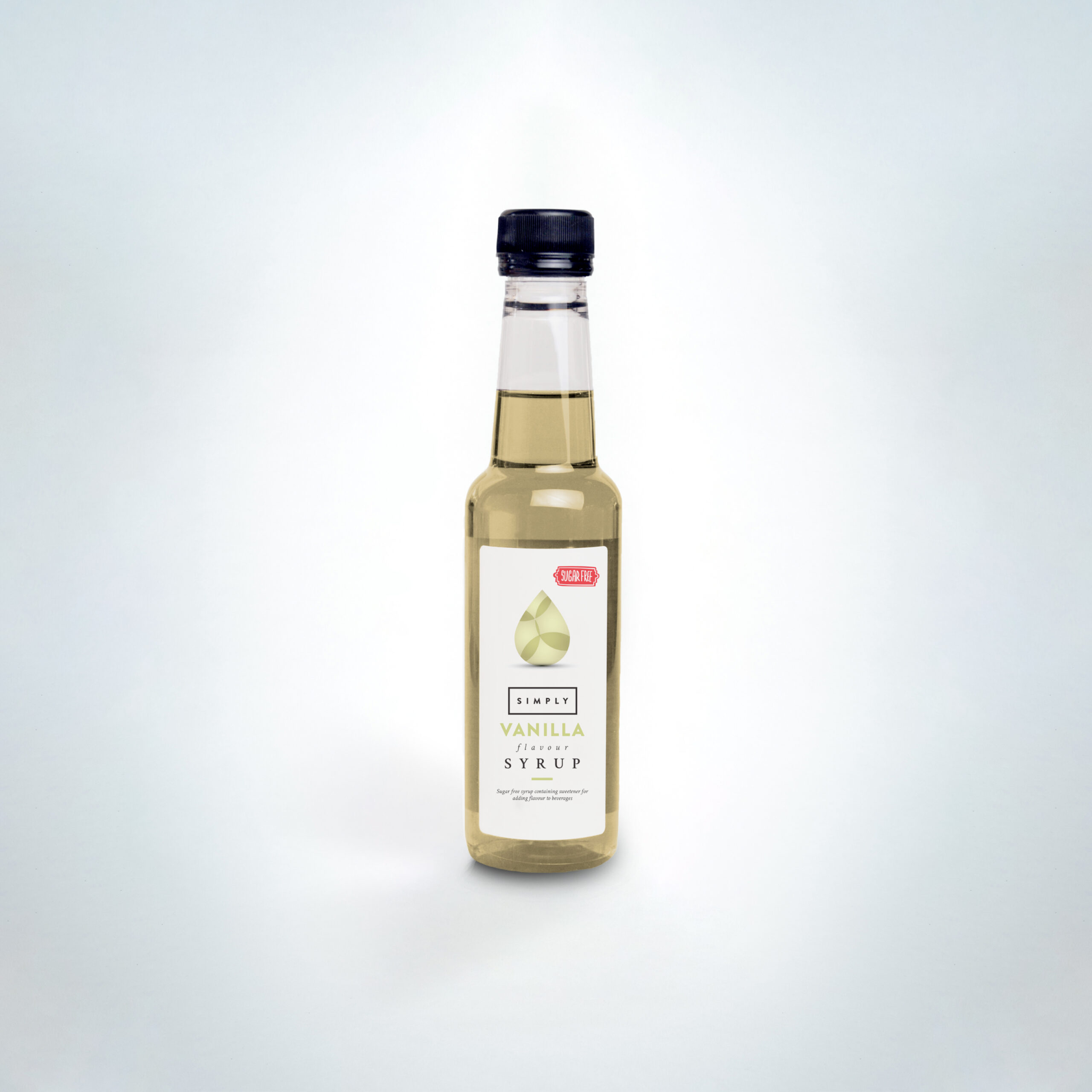 Simply Sugar-Free Vanilla Syrup 250ml bottle. A compact, zero-calorie vanilla flavouring ideal for home baristas, small cafés, and takeaway coffee setups