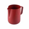 Matte red milk frothing jug—sleek stainless steel pitcher with precision spout and ergonomic handle, ideal for latte art and professional milk steaming in home or café settings.