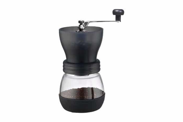 Hario Skerton Hand Coffee Grinder—manual ceramic burr grinder with adjustable grind size, glass container, and ergonomic crank handle; ideal for home brewing methods like pour-over, Aeropress, and French press