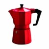 Red stovetop espresso maker (Moka pot) with black handle and lid knob—classic Italian design for brewing rich, authentic espresso on gas or electric hobs; ideal for home coffee lovers