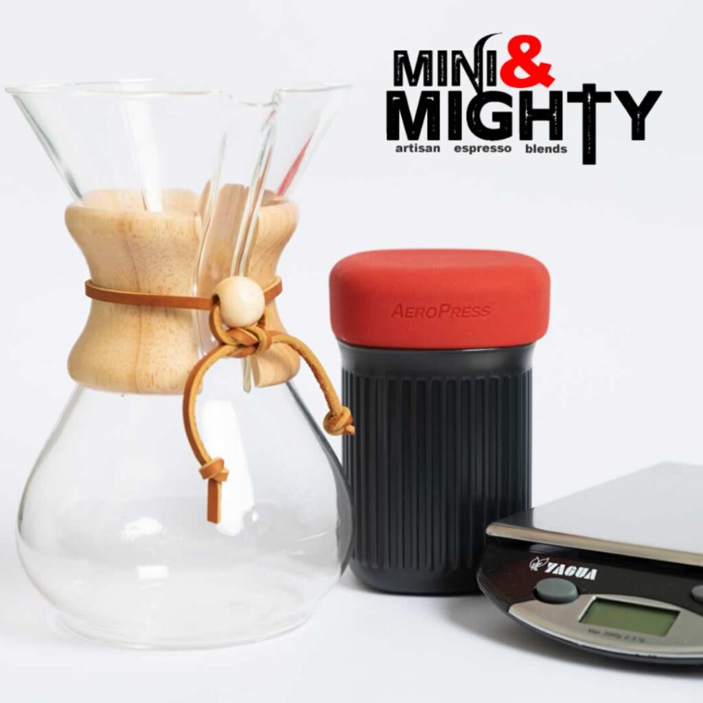 Chemex pour-over coffee with Mini & Mighty Espresso logo – showcasing artisan brewing and brand dedication to quality coffee