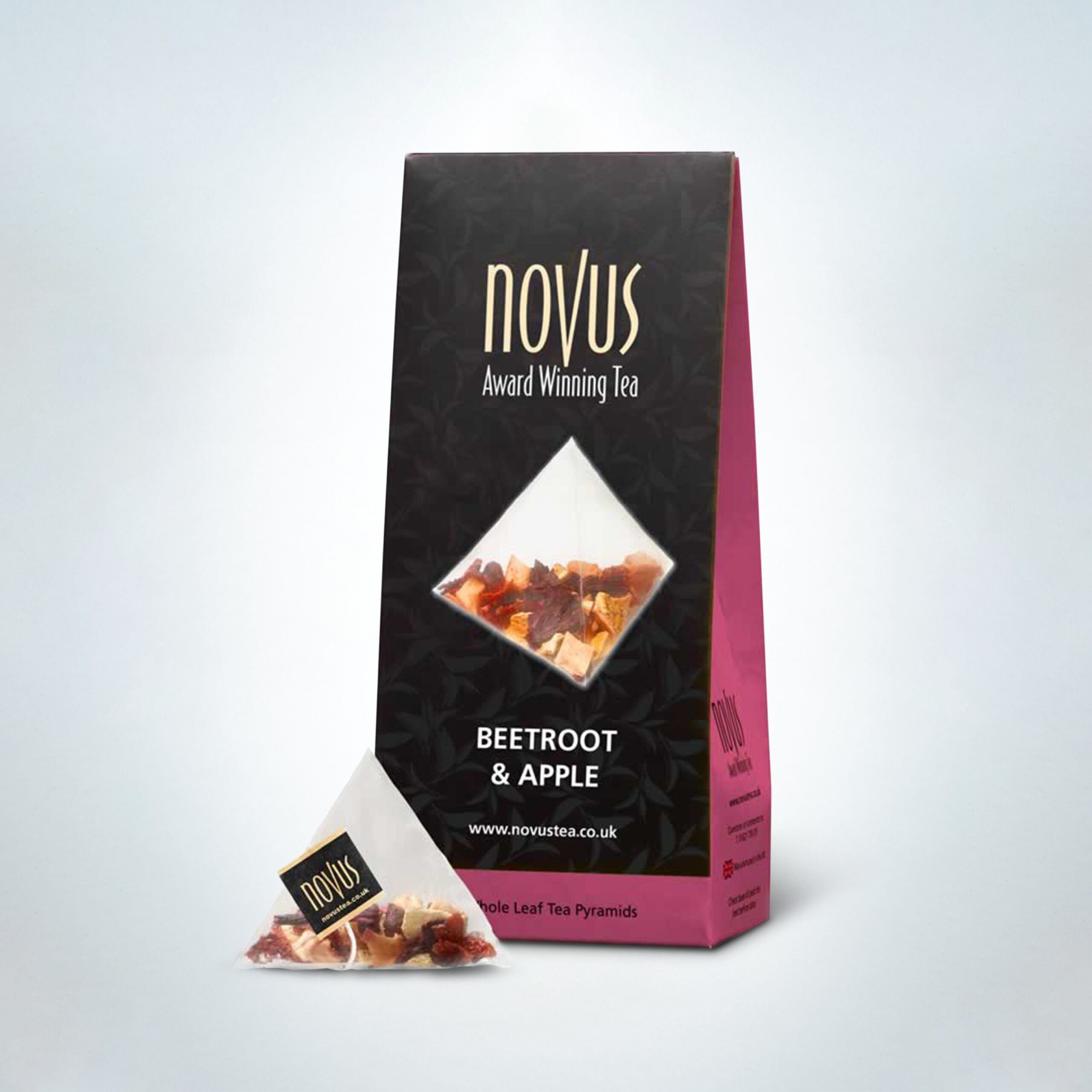 Novus Beetroot & Apple Tea in premium packaging with pyramid tea bags. A vibrant and earthy fruit infusion combining sweet apple with rich beetroot, ideal for health-conscious cafés, spas, and wellness-focused hospitality venues