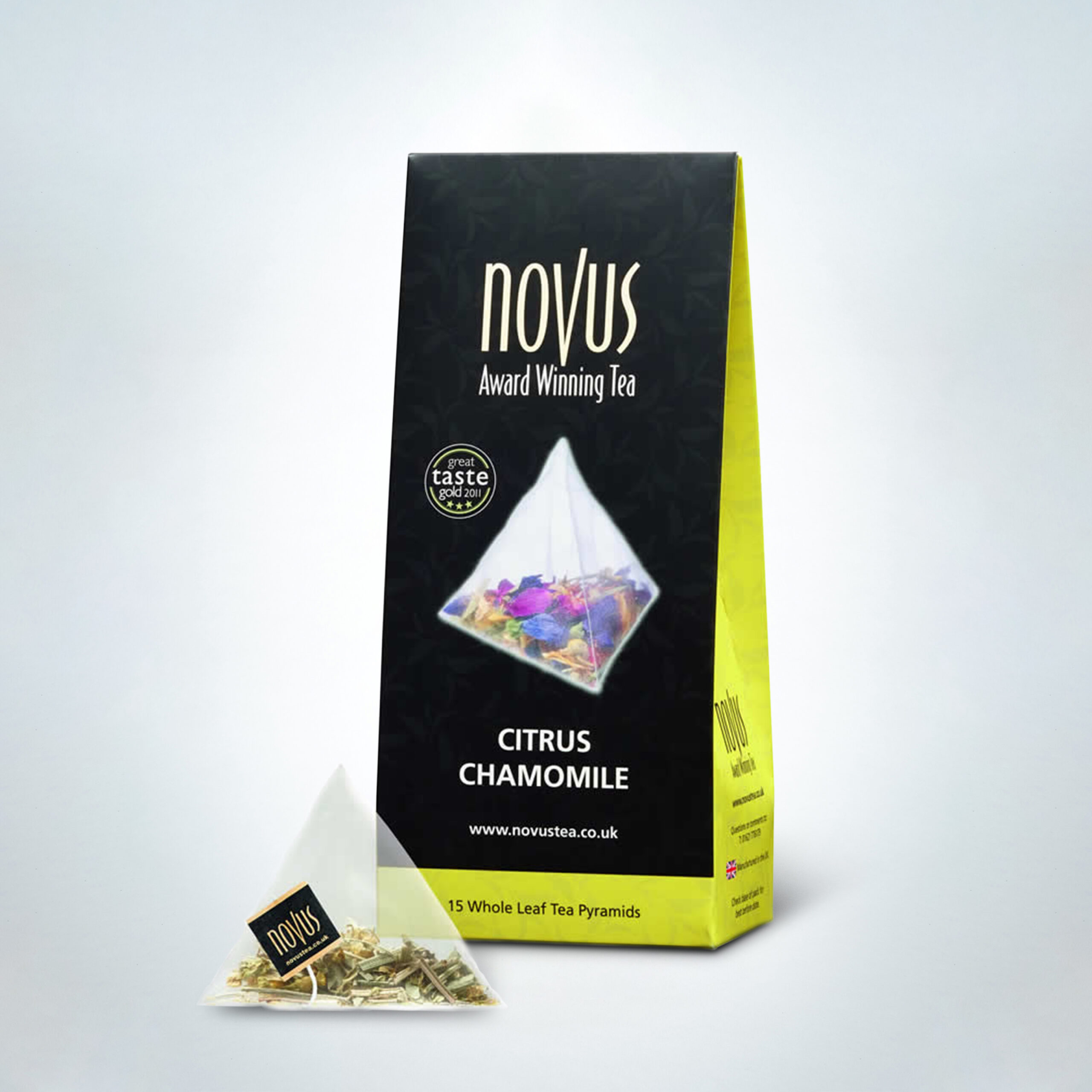 Novus Citrus Chamomile Tea in elegant packaging with pyramid tea bags. A soothing herbal infusion blending calming chamomile with a refreshing citrus twist, perfect for evening menus, spas, and wellness-focused hospitality venues