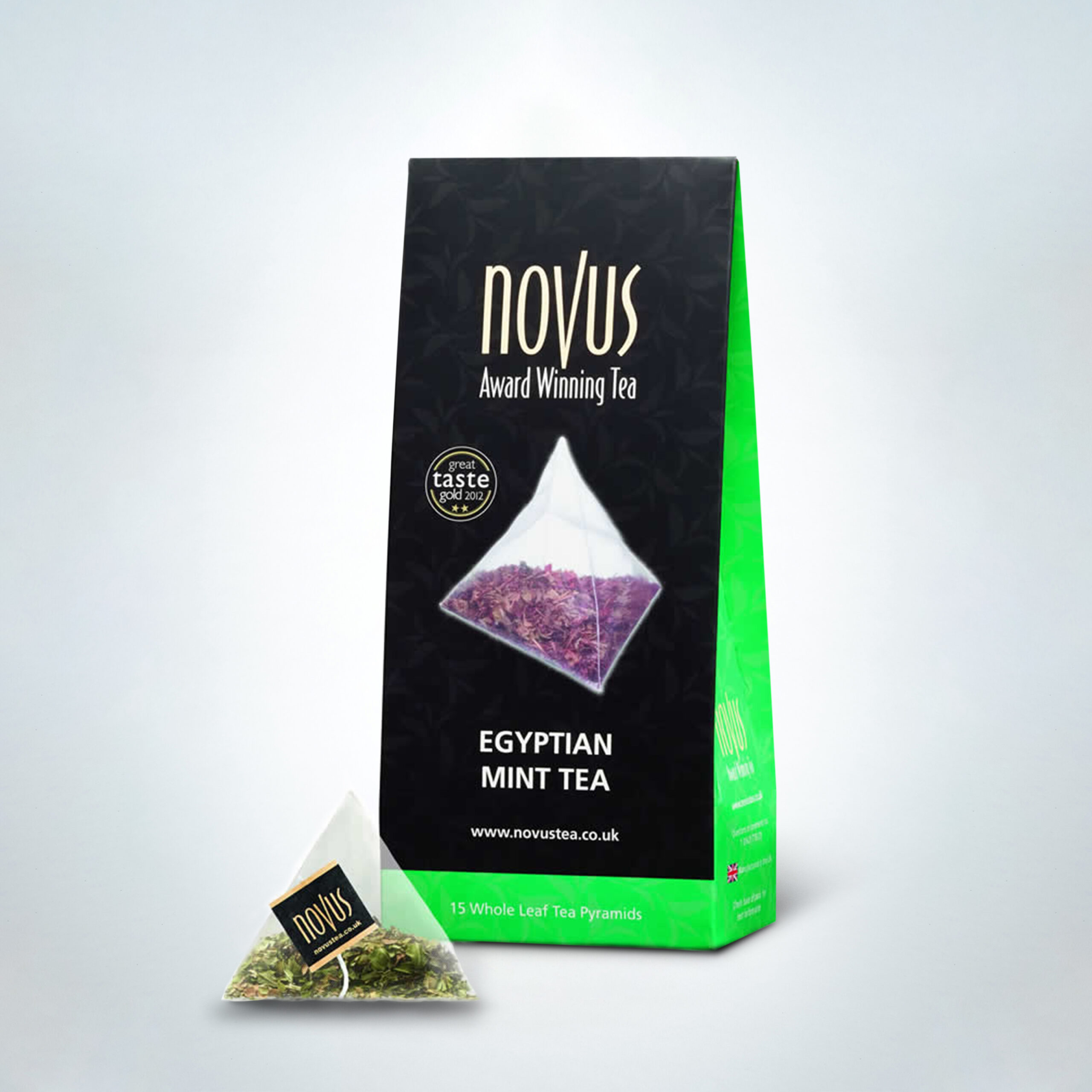 Novus Egyptian Mint Tea in luxury packaging with pyramid tea bags. A cooling and refreshing peppermint infusion, naturally caffeine-free, perfect for after-dinner service in restaurants, hotels, and wellness cafés