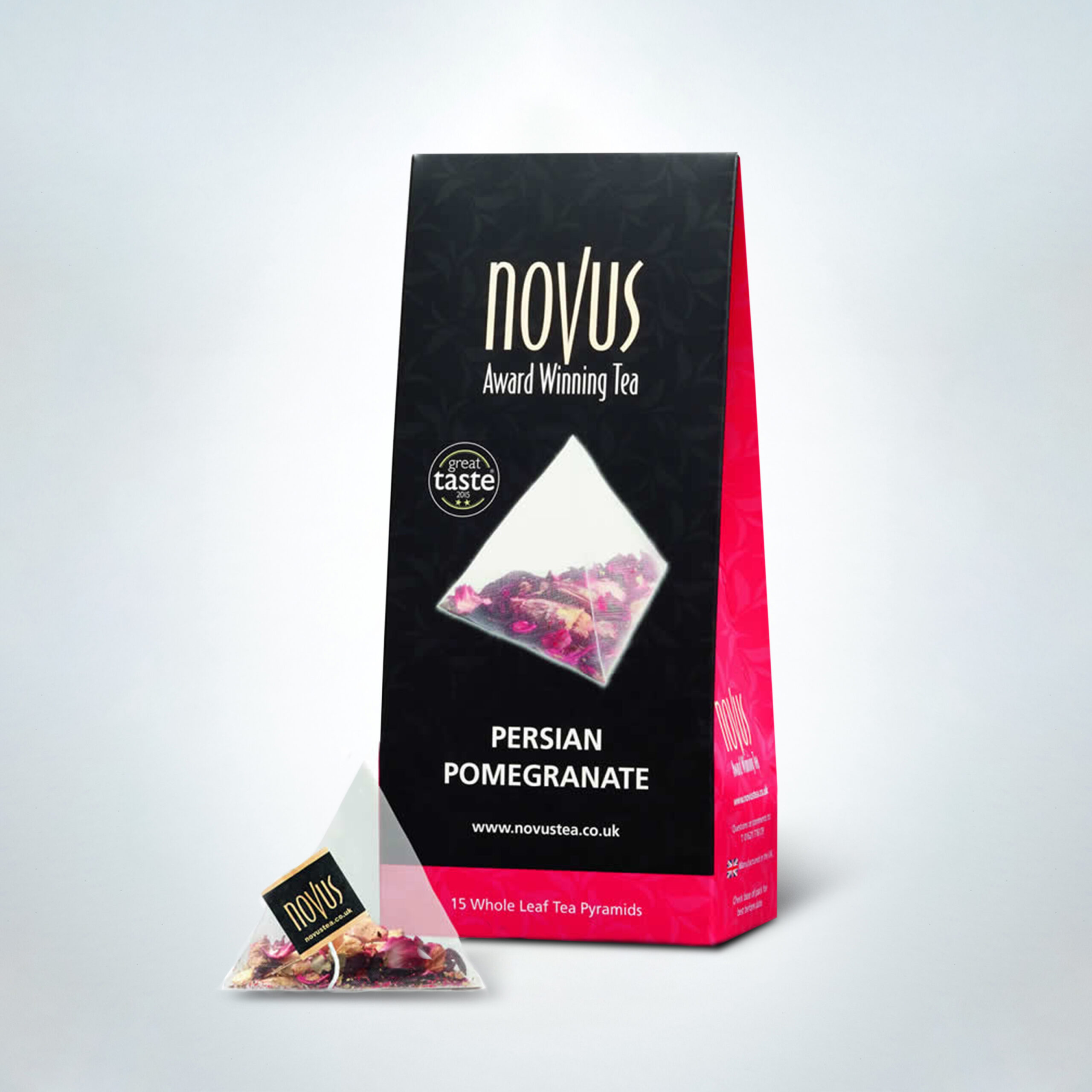 Novus Persian Pomegranate Tea in premium packaging with pyramid tea bags. A vibrant fruit infusion bursting with pomegranate flavor, ideal for cafés, restaurants, and hospitality venues offering refreshing, caffeine-free herbal teas