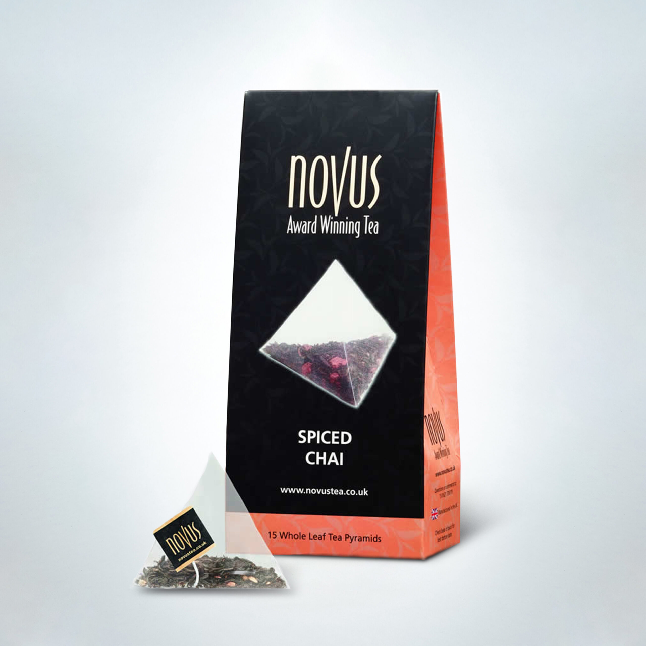 Novus Spiced Chai tea in premium packaging with pyramid tea bags. A rich and aromatic black tea infused with traditional Indian spices, perfect for cafés, coffee shops, and hospitality venues offering chai lattes or spiced tea blends