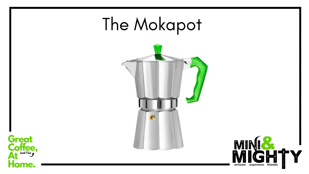 Moka pot brewing setup from Mini & Mighty Espresso, featuring a classic aluminum stovetop espresso maker placed on a gas burner, with freshly brewed coffee emerging into the upper chamber—illustrating the traditional Italian method of making rich, espresso-like coffee at home.