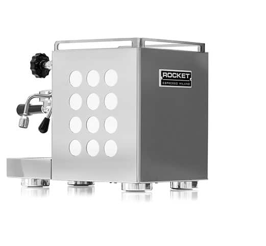 Rear view of the Rocket Espresso Appartamento espresso machine in white from Mini & Mighty Espresso, showcasing its polished stainless steel casing, white circular side panel inserts, and compact design—ideal for home baristas seeking professional-grade espresso performance in a stylish package.