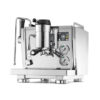 Front view of the Rocket Espresso R Nine One espresso machine from Mini & Mighty Espresso, showcasing its polished stainless steel design, touchscreen interface, manual pressure profiling lever, and dual boiler system—ideal for home baristas and small cafés seeking professional-grade espresso performance.