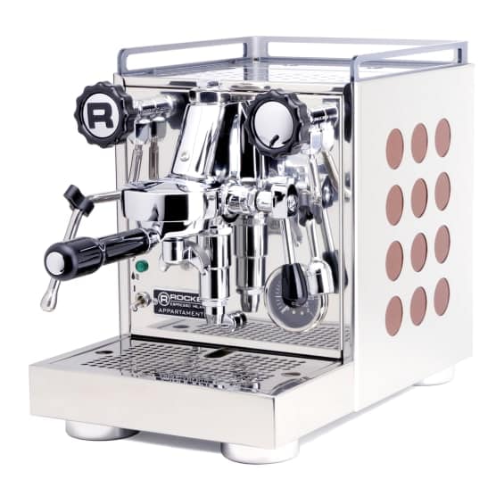 Close-up of the Rocket espresso machine logo, highlighting its sleek design and professional-grade features for high-quality coffee making