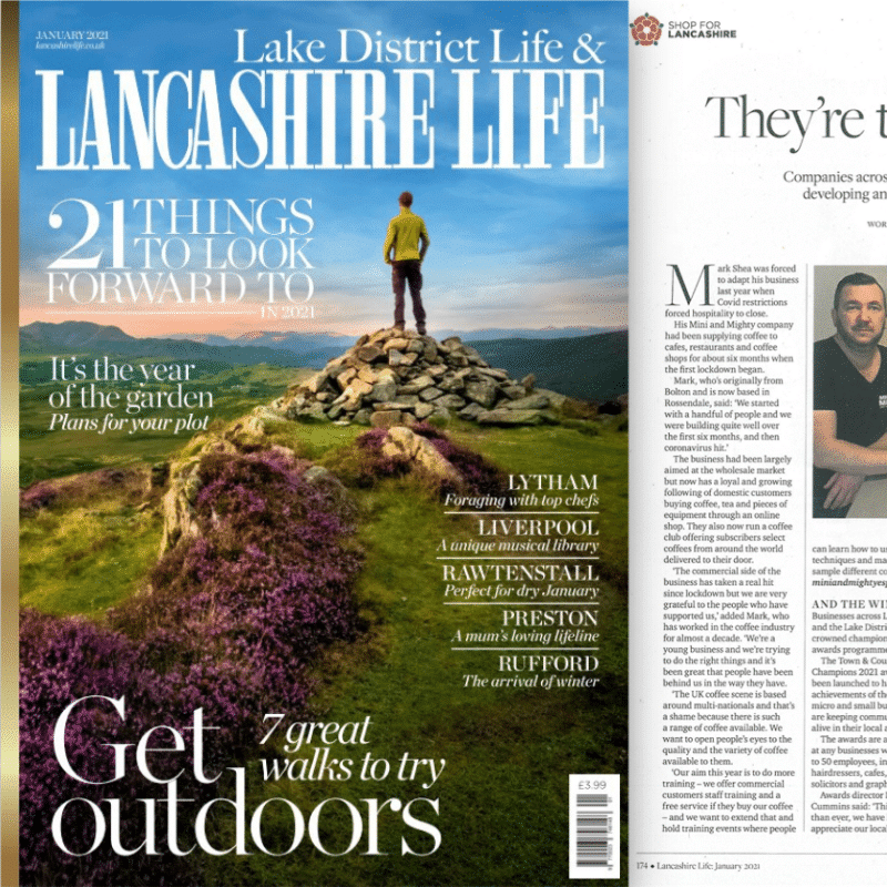 Mini & Mighty espresso featured in Lancashire Life magazine alongside founder Mark Shea