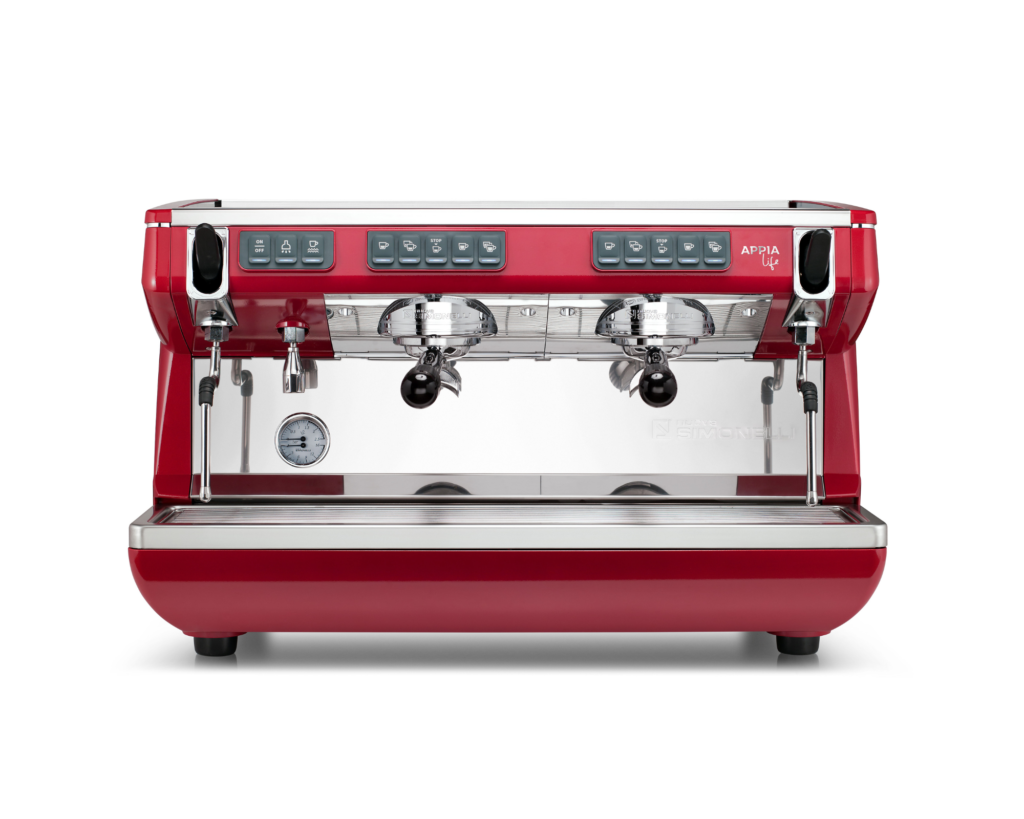 Nuova Simonelli Appia Life commercial espresso machine in red, featuring front-facing controls and professional brewing features for high-volume coffee service