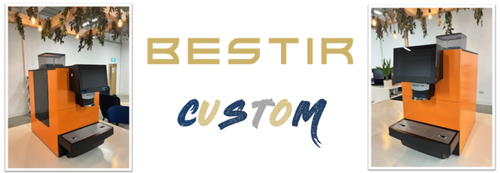 Custom orange Bestir BM50 coffee machine with touchscreen display — a bold and unique design from the Bestir coffee machines range.