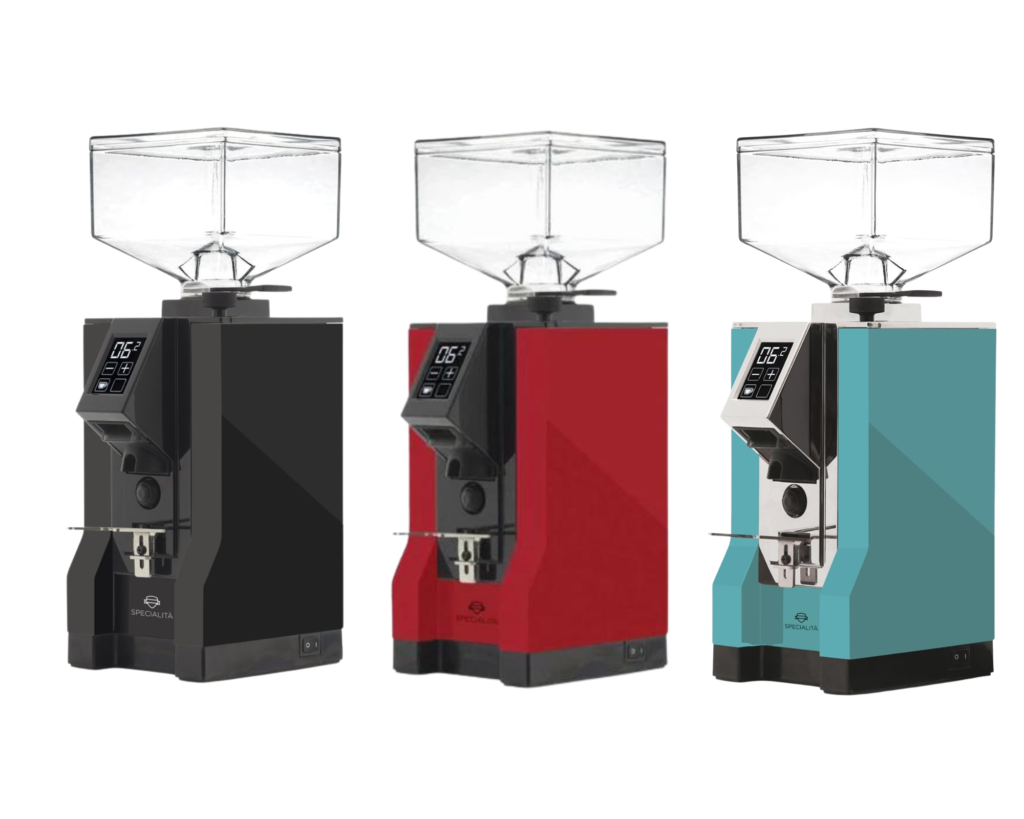 Eureka Mignon Coffee Grinder in three colors. A compact, high-performance grinder with micrometric adjustment, perfect for home baristas and small coffee shops looking for consistent grind quality