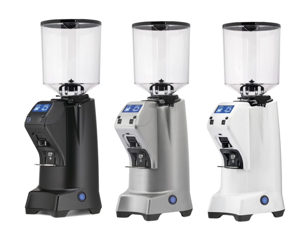 Eureka Olympus Coffee Grinder in three colors. A professional-grade, high-performance espresso grinder with large flat burrs and micrometric adjustment, perfect for busy cafés and specialty coffee shops
