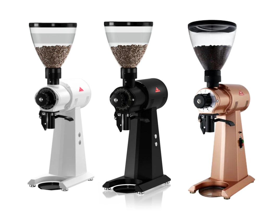 Mahlkönig EK43 Coffee Grinder in three colors. A precision commercial grinder known for its consistency and large capacity, ideal for specialty coffee shops, cafés, and high-volume espresso setups