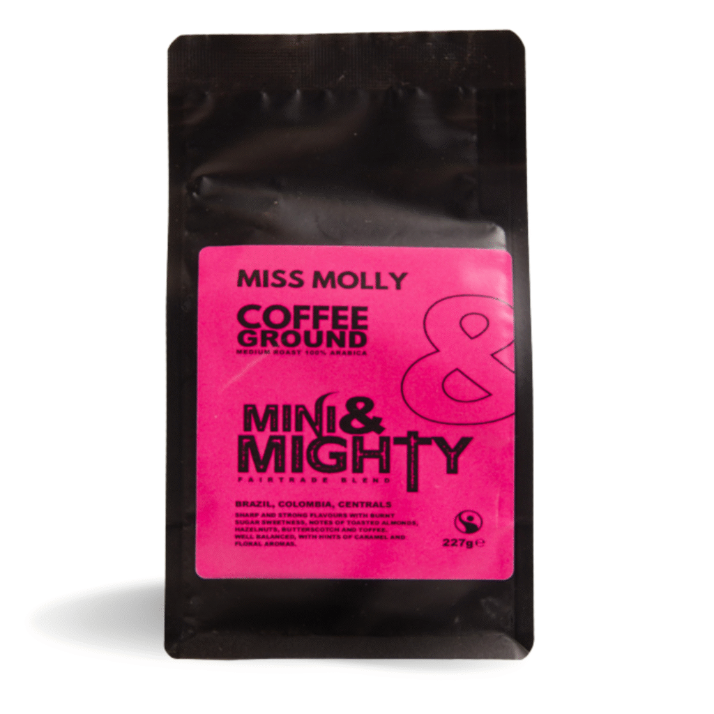 Mini & Mighty Miss Molly ground coffee, Fairtrade 100% Arabica in pink packaging