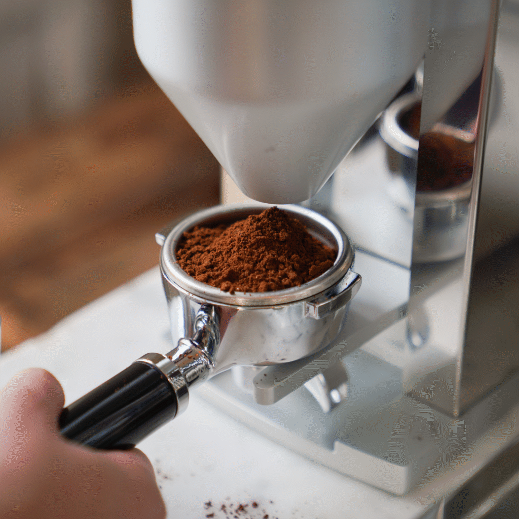 Freshly ground Mini & Mighty retail coffee being dispensed into a portafilter from a Rocket coffee grinder