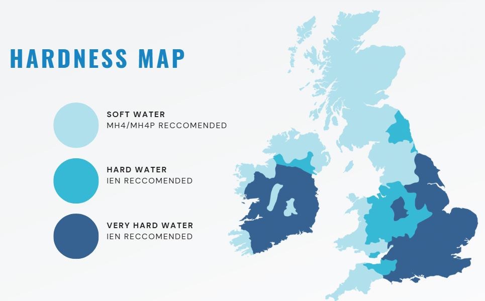 Map of the UK showing regional water hardness levels—from soft through moderately hard to very hard—highlighting areas with high calcium and magnesium content affecting espresso machine maintenance