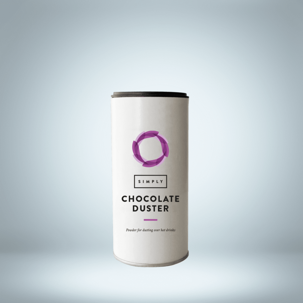 Simply Chocolate Duster in a white cylindrical shaker tub with purple design — perfect for dusting cocoa over cappuccinos, lattes, and desserts