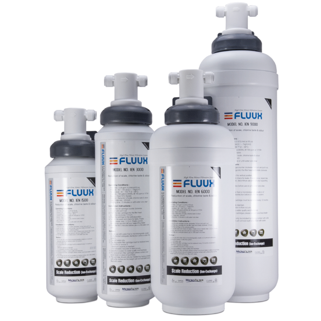 Range of FLUUX IEN water filter cartridges in different sizes, designed for reducing scale, chlorine, taste, and odour in coffee machines.