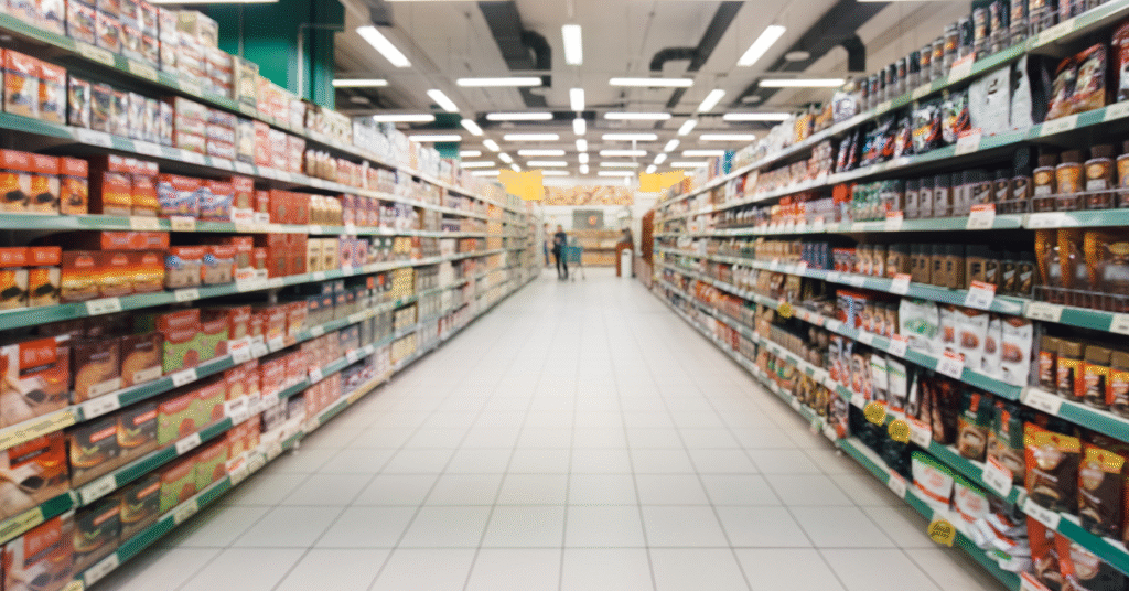 Supermarket shelves stocked with various coffee products in packaged bags and boxes arranged in retail display rows.