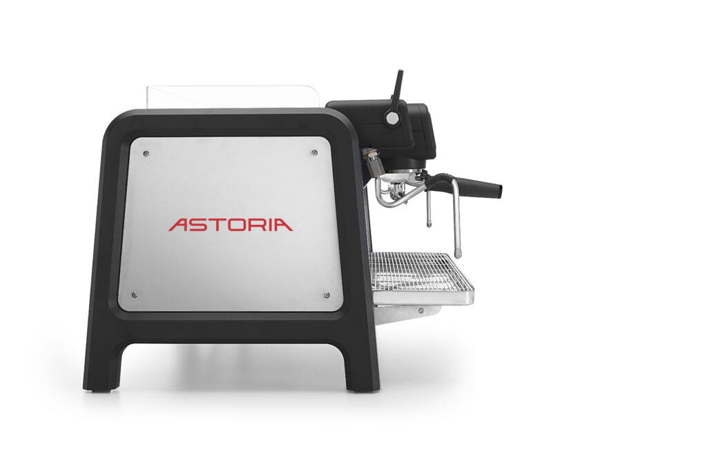 Astoria S.r.l. AB 200 2GR espresso machine side view with black control panel, stainless steel professional body, and two group heads with portafilters.