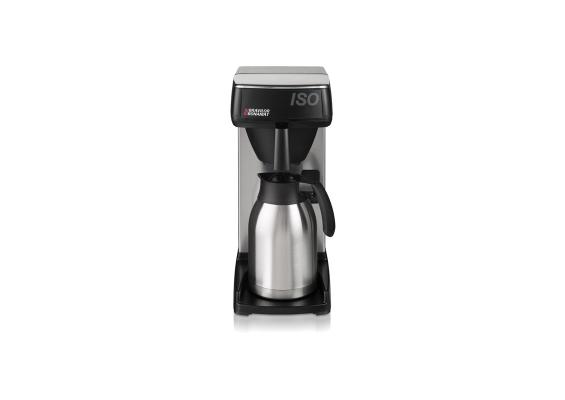 Bravilor Bonamat Iso commercial coffee machine side view with a stainless steel professional body, ventilation detailing, and compact office coffee appliance design.