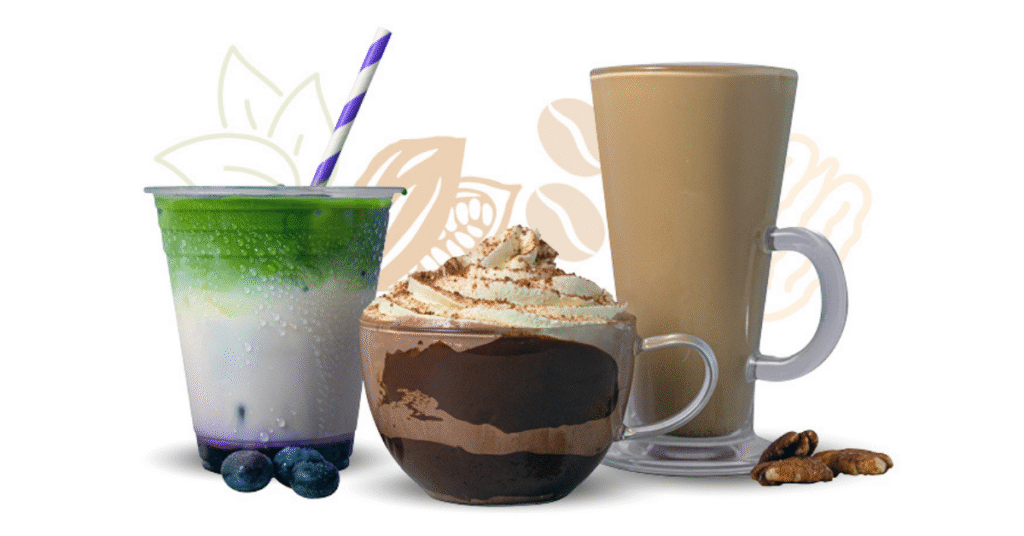 Autumn flavours 2025 coffee and hot chocolate menu featuring iced matcha latte, Tiramisu Hot Chocolate, and pecan latte.