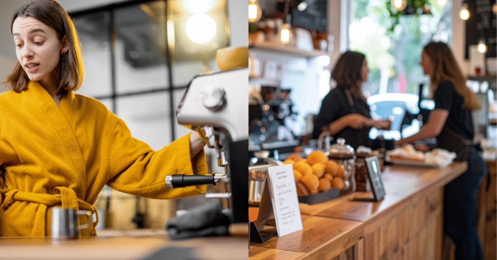Coffee at home versus coffee out concept, featuring Mini & Mighty coffee beans with espresso machines — reflecting growth in the UK coffee market 2025.