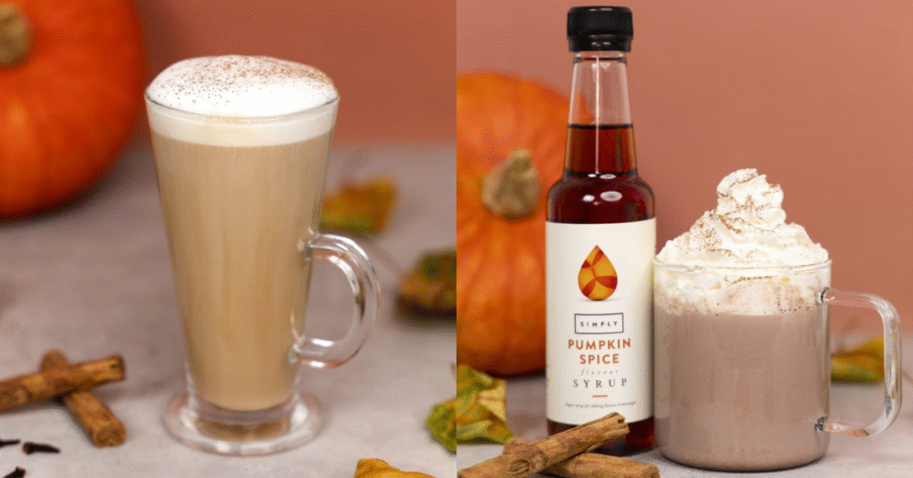 Autumn flavours 2025 pumpkin spice latte and hot chocolate made with Simply Pumpkin Spice syrup, styled with cinnamon sticks and pumpkins.