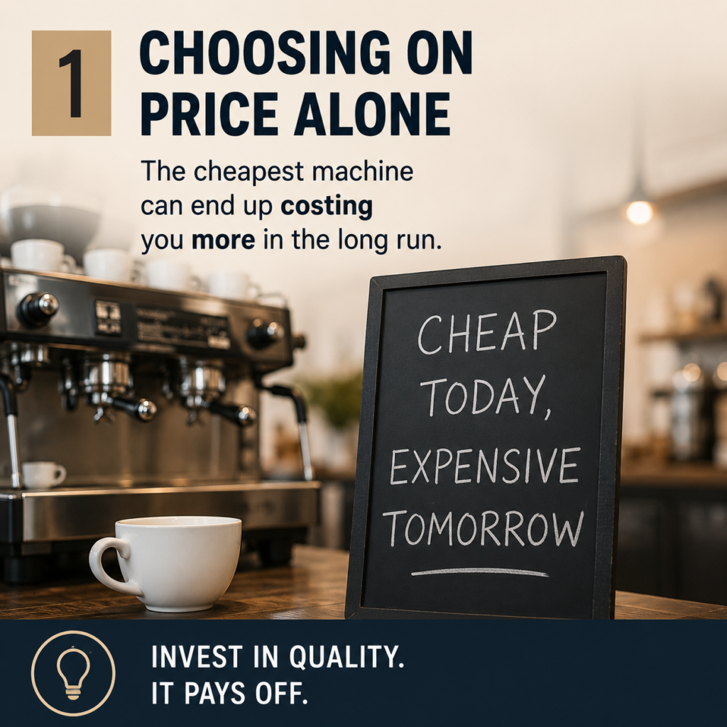 Commercial coffee machine with sign reading "Cheap Today, Expensive Tomorrow", illustrating why buying on price alone can cost businesses more in the long run.