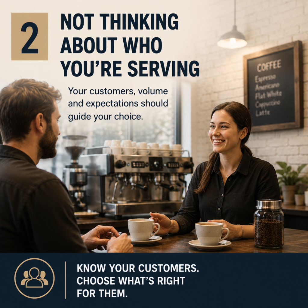Business owner discussing commercial coffee machine requirements with a supplier to choose the right solution for customers and daily coffee demand.