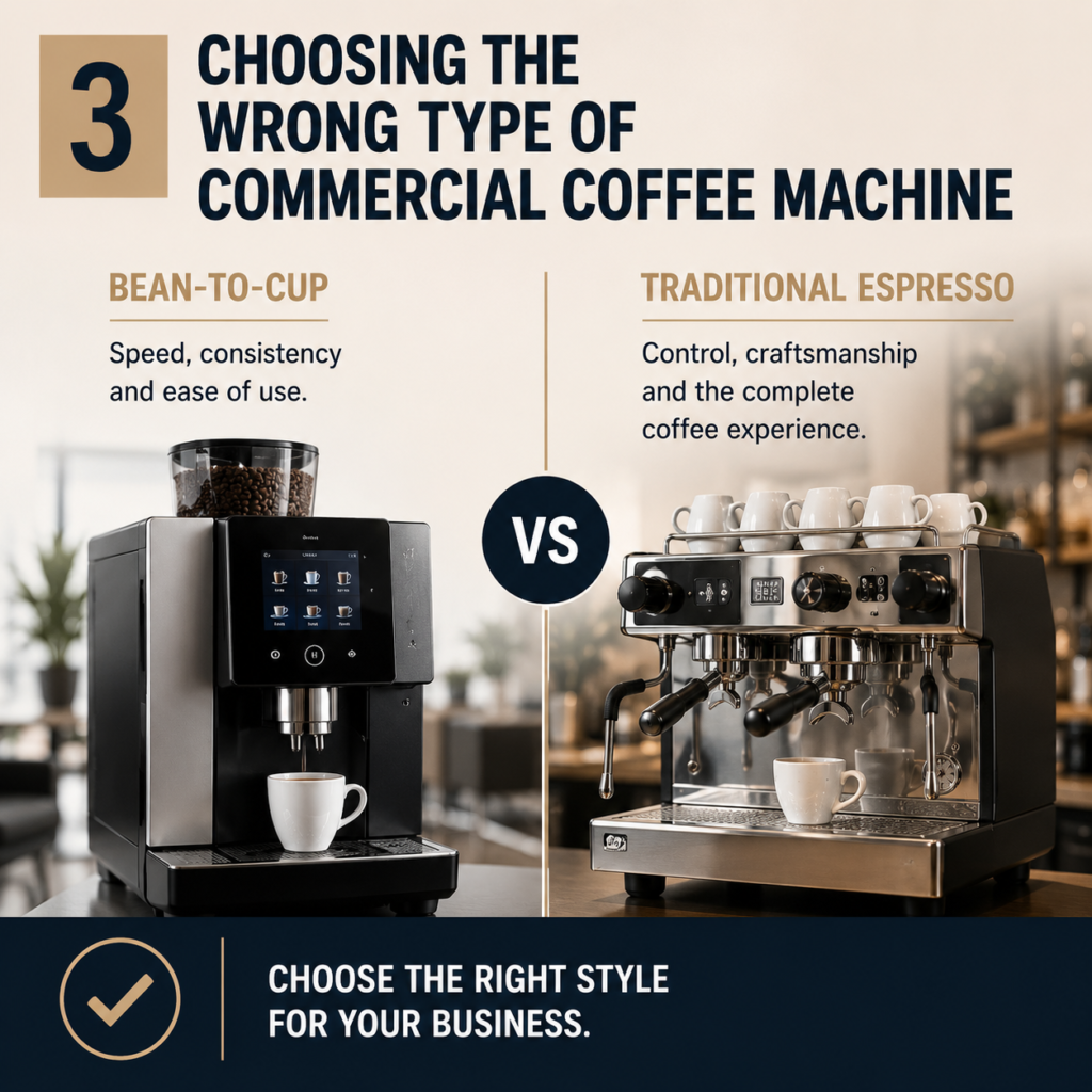 Comparison of a bean-to-cup and traditional espresso commercial coffee machine to help businesses choose the right type for their needs.