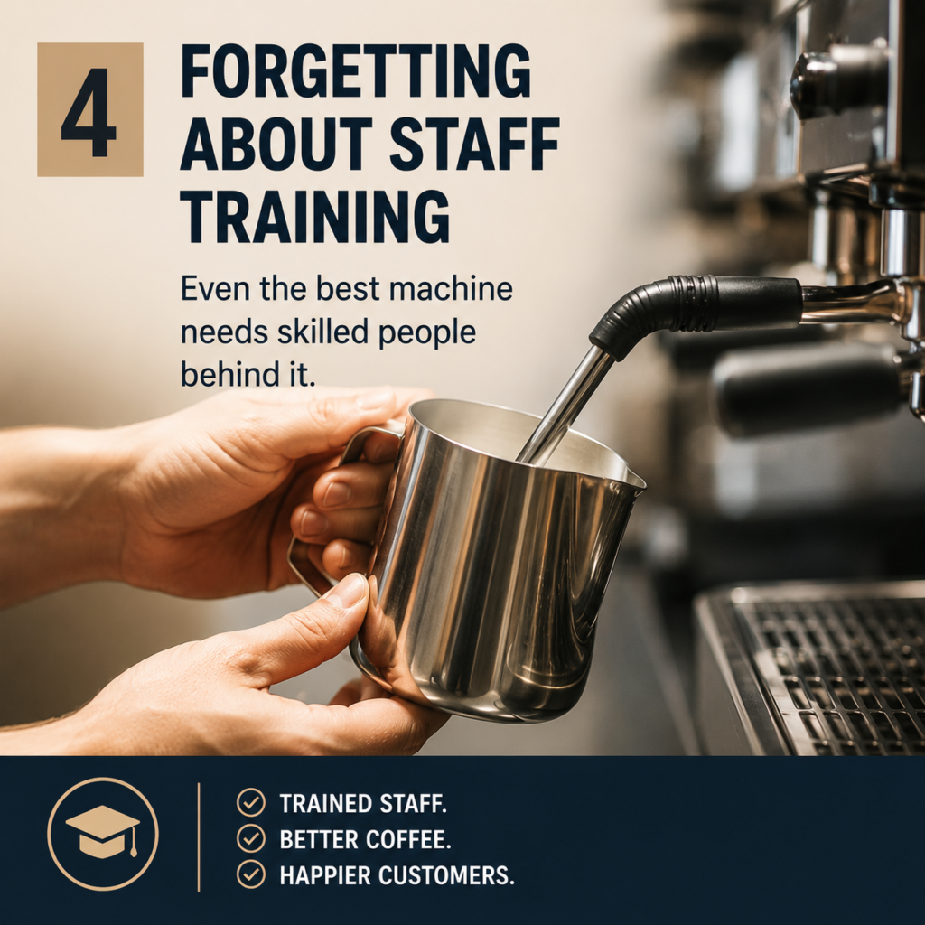 Barista steaming milk on a commercial coffee machine, highlighting the importance of staff training for consistently great coffee.