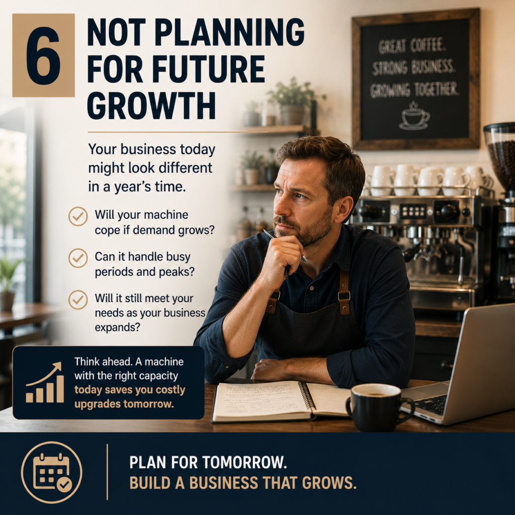 Café owner planning future business growth while choosing a commercial coffee machine with enough capacity for increasing demand.