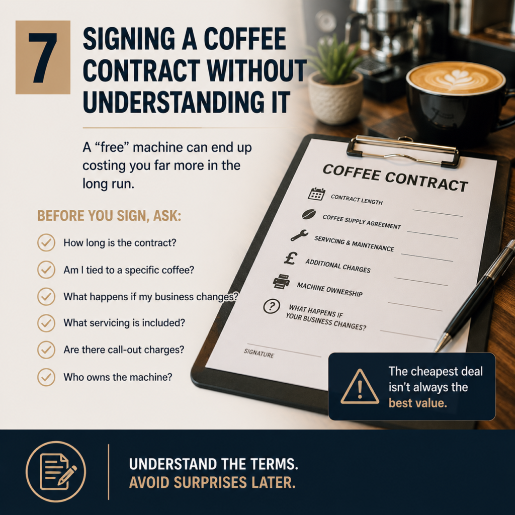 Coffee supply contract and checklist showing important questions to ask before signing a commercial coffee machine agreement.